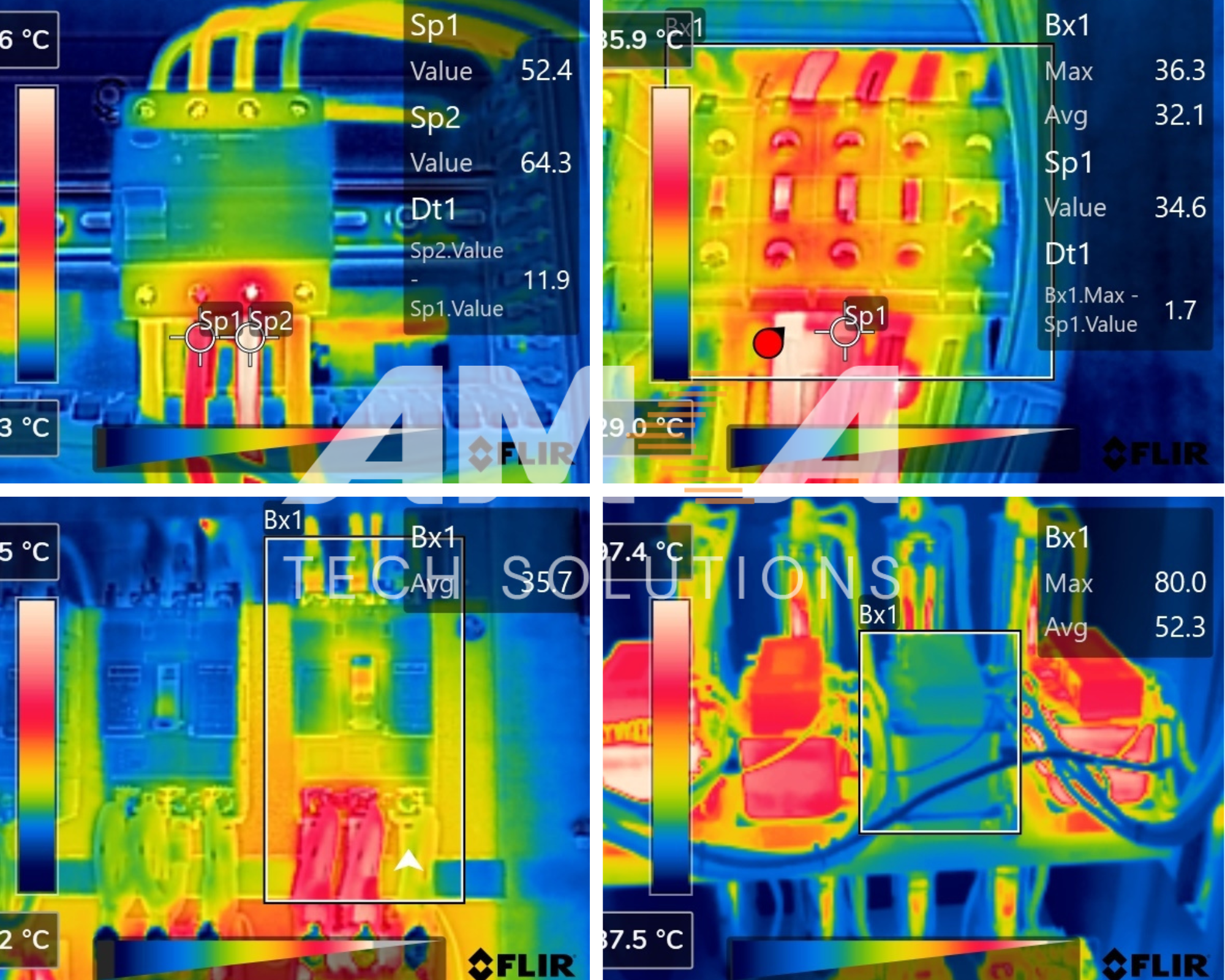 Thermograms of electrical faults detected by a thermal imager